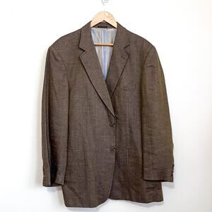 Ibiza Mens Blazer Size‎ 46L Tan Blue Herringbone 100% Linen 2 Button Sport Coat